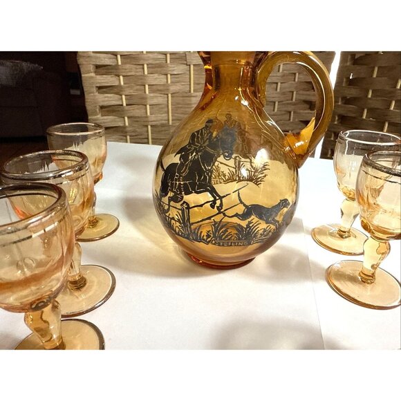 RARE Vintage Amber Glass Decanter Set With Stopper & 6 Cordial Glasses - Picture 1 of 3